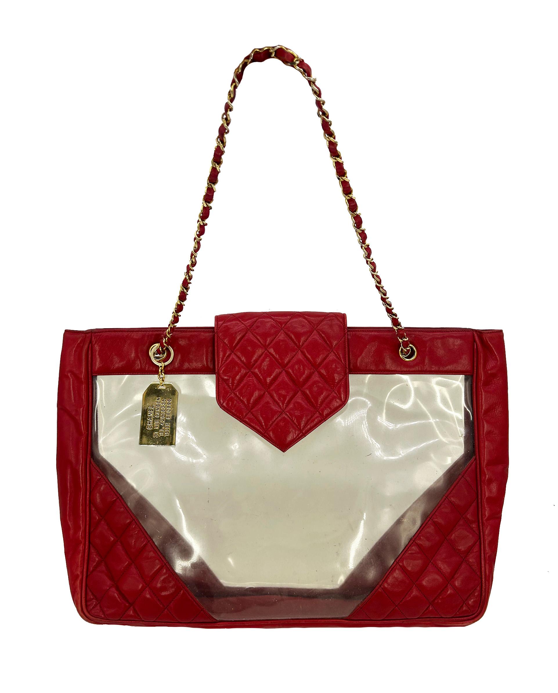 Chanel Vintage Red Leather Clear PVC Shoulder Bag Tote c1990s For Sale 13