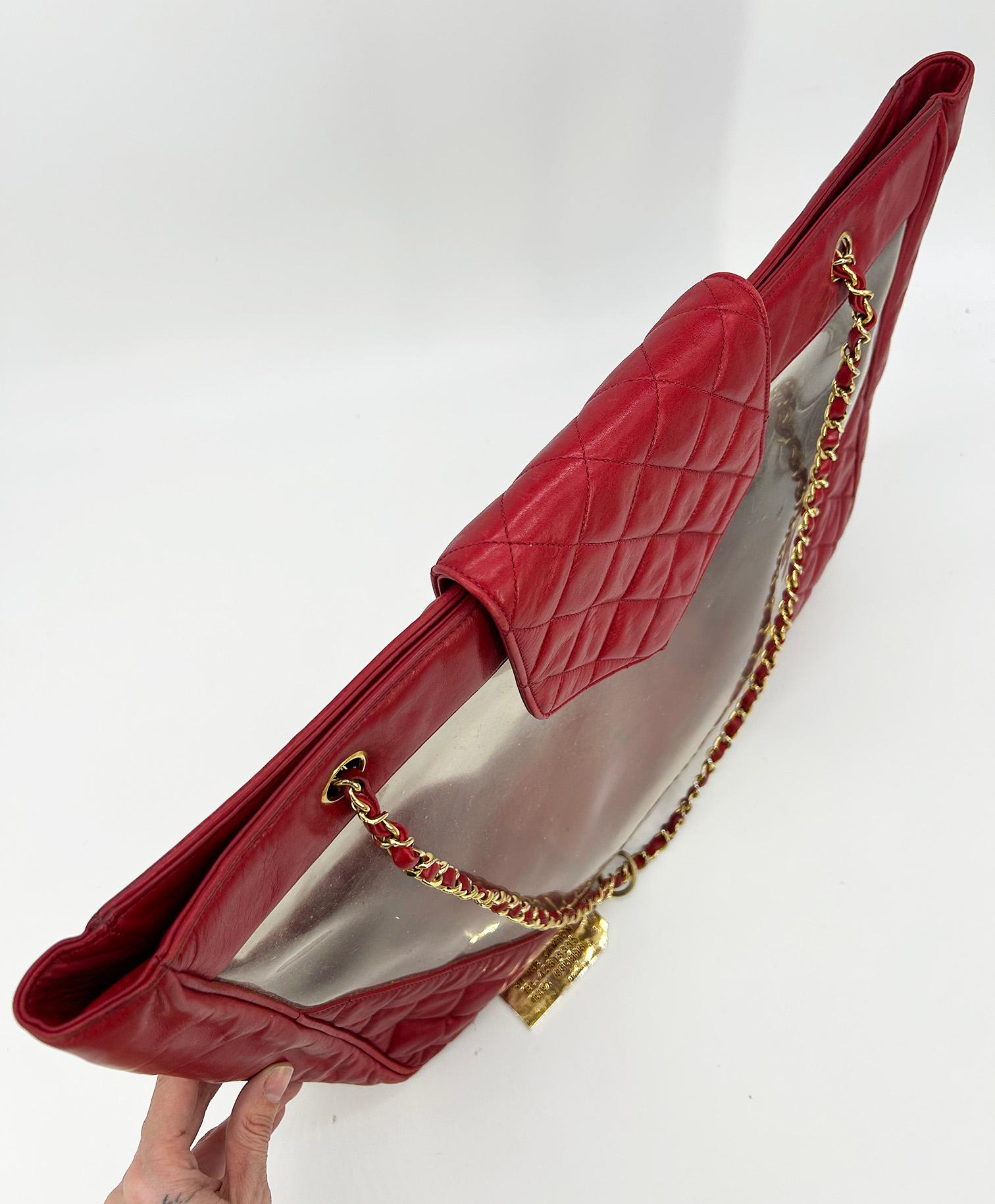 Chanel Vintage Red Leather Clear PVC Shoulder Bag Tote c1990s For Sale 5
