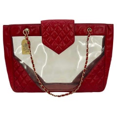 Chanel Vintage Red Leather Clear PVC Shoulder Bag Tote c1990s