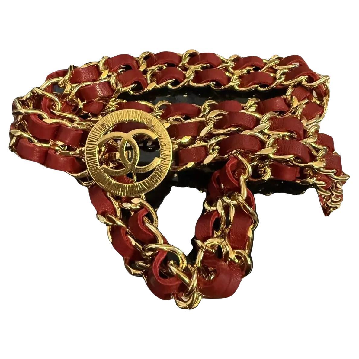 CHANEL Vintage Red Leather Gold Chain Link CC Logo Belt For Sale