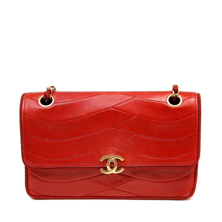 Chanel Vintage Red Leather Scallop Quilted Flap Bag