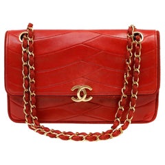 Chanel Vintage Red Leather Scallop Quilted Flap Bag 
