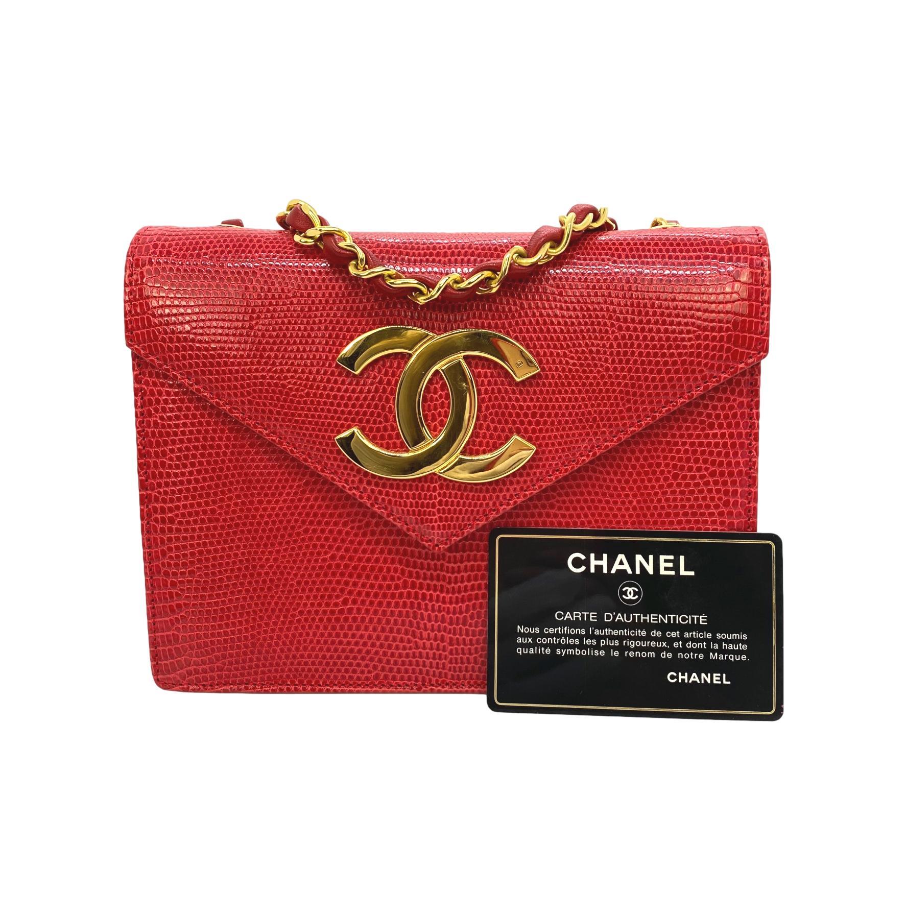 Chanel Vintage Red Lizard Envelope Cross Body Flap Bag with Gold Hardware. Exceptional and rare, this highly sought after piece of Chanel history was produced between 1989 - 1990 baring a serial code of 