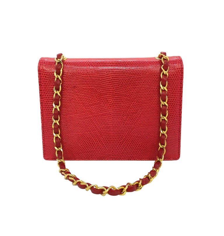 Chanel Vintage Red Lizard Envelope Cross Body Flap Bag with Gold