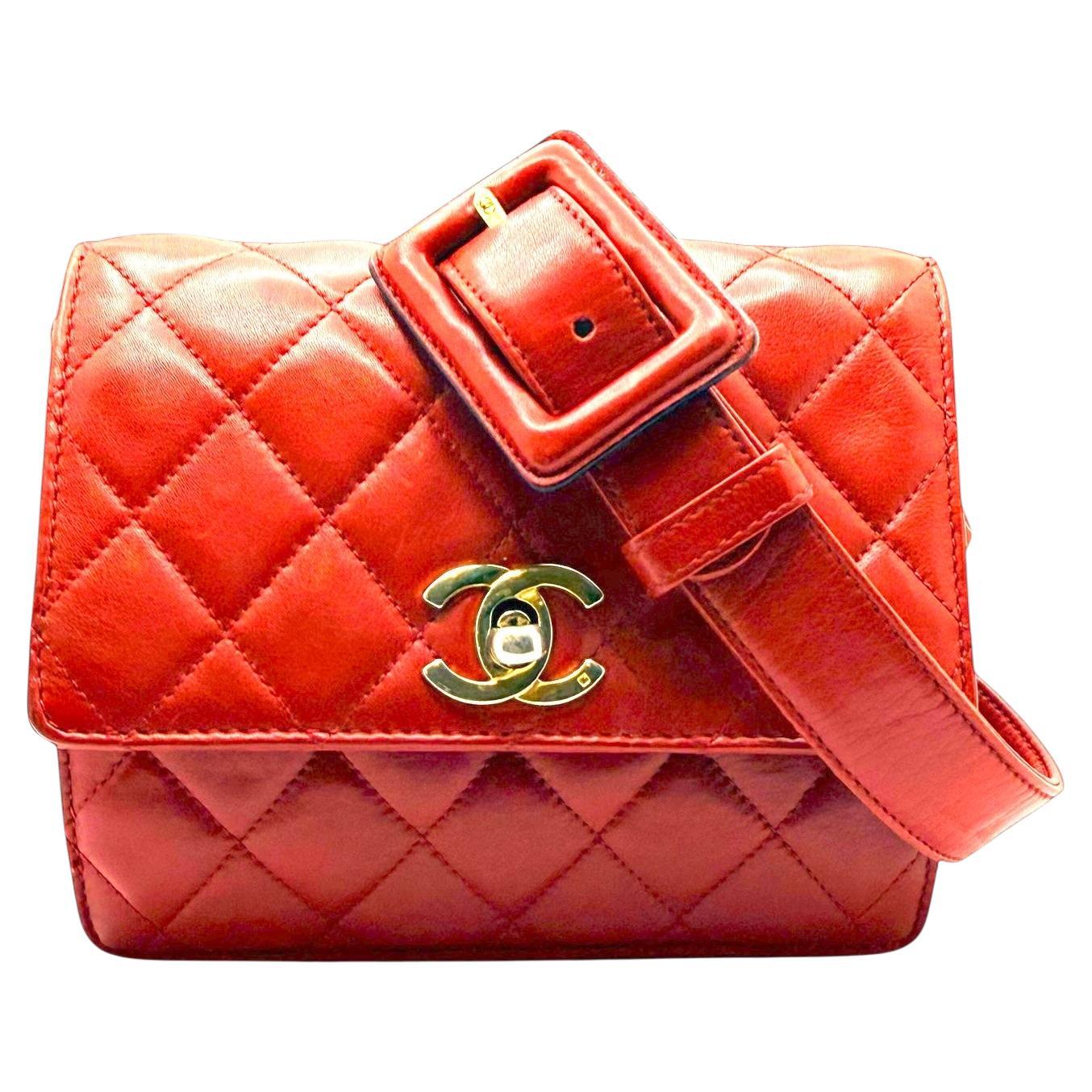 Chanel Vintage Red Quilted Lambskin Belt Bag, Karl Lagerfeld Era, Made in Italy For Sale