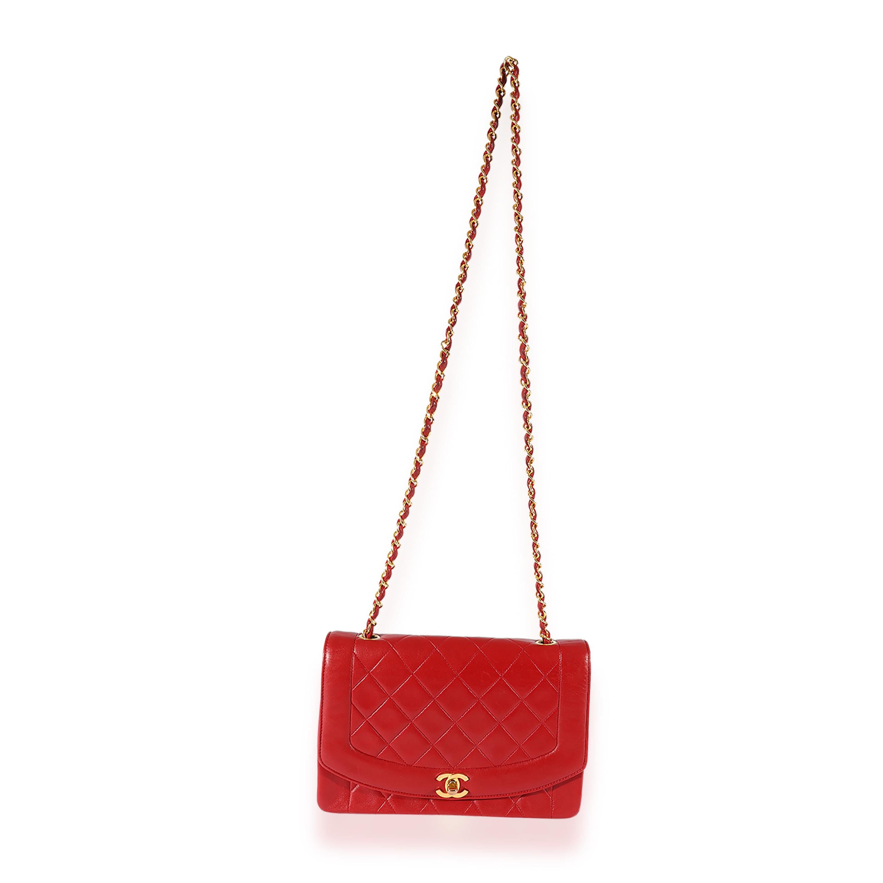 Listing Title: Chanel Vintage Red Quilted Lambskin Diana Flap Bag
SKU: 125366
Condition: Pre-owned 
Handbag Condition: Good
Condition Comments: Good Condition. Scuffing to corners and exterior. Discoloration to base. Creasing throughout leather.
