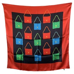Chanel Vintage Red Silk Scarf Classic Matelasse Flap Bag Print