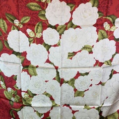 Chanel Vintage Red Silk Scarf Floral White Camelia Print