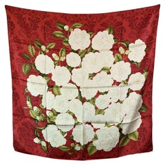 Chanel Vintage Red Silk Scarf Floral White Camelia Print