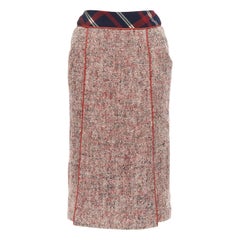 CHANEL Vintage red speckled boucle navy tartan pencil skirt FR34 XS CHANEL Vintage red speckled boucle navy tartan pencil skirt FR34 XS