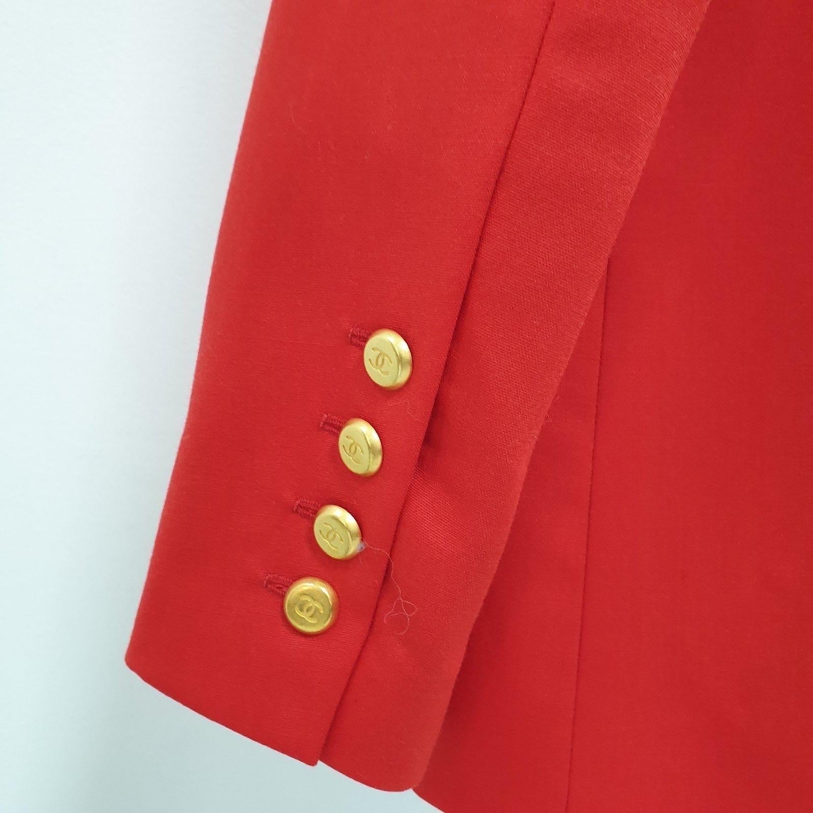 Women's Chanel Vintage Red Wool Long Jacket Blazer CC Button 