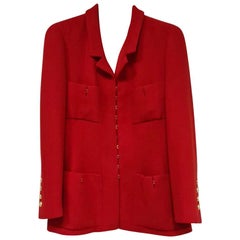 Chanel Vintage Red Wool Long Jacket Blazer CC Button 