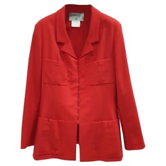 Chanel Vintage Red Wool Long Jacket Blazer CC Button