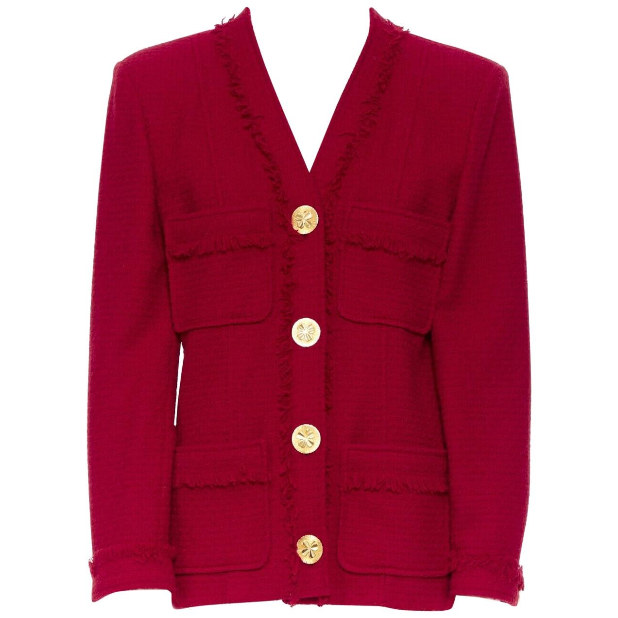 CHANEL vintage red wool tweed fringed 4 pockets gold button boxy jacket FR40