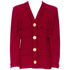 CHANEL vintage red wool tweed fringed 4 pockets gold button boxy jacket FR40