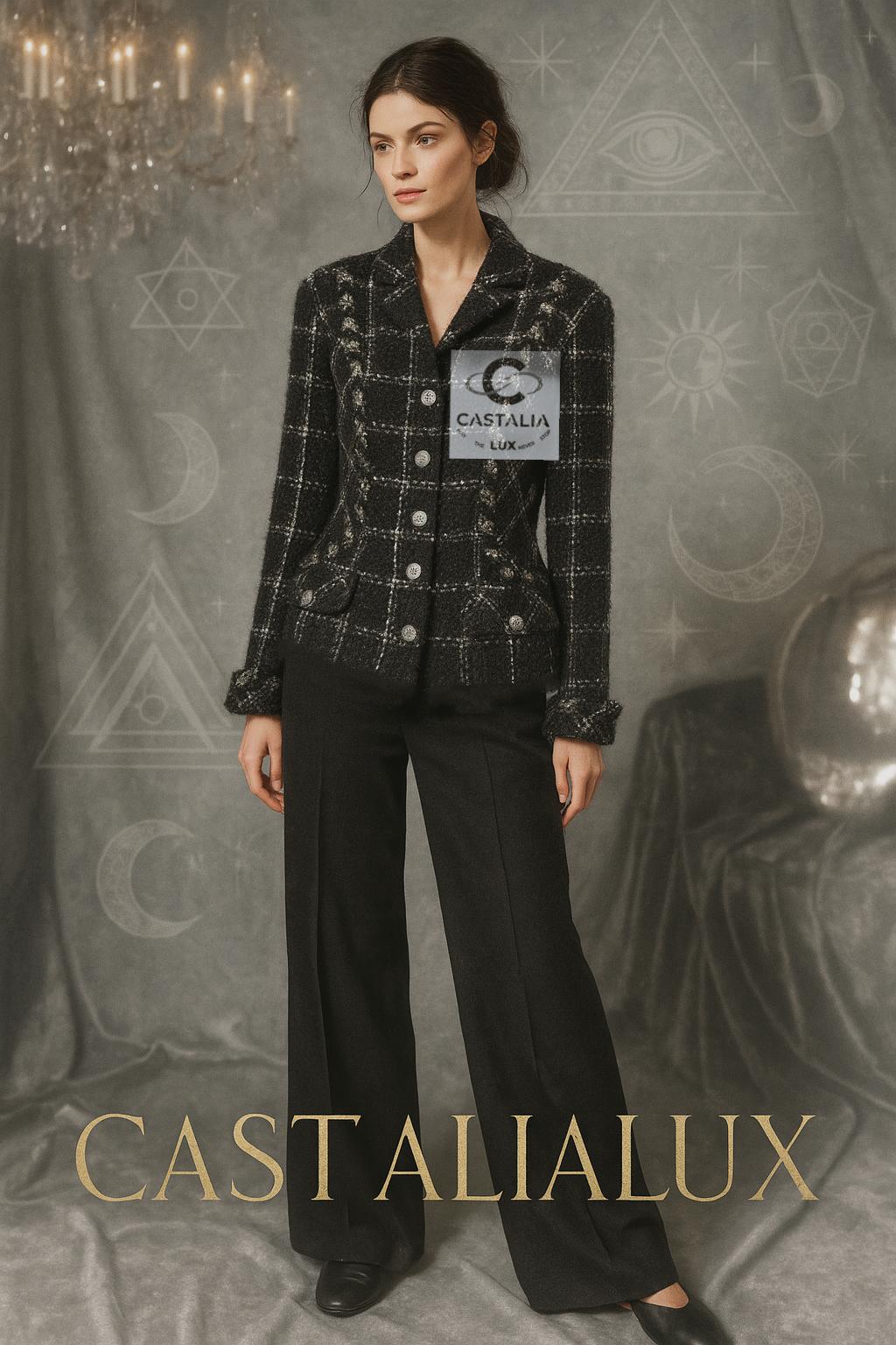 Chanel Giacca senza tempo in tweed nero con bottoni con logo ~ Reliquia d'epoca da collezione

~ Una manifestazione degli eterni codici Chanel, 
questa giacca vintage in tweed nero da collezione è intrecciata con la silenziosa geometria dei