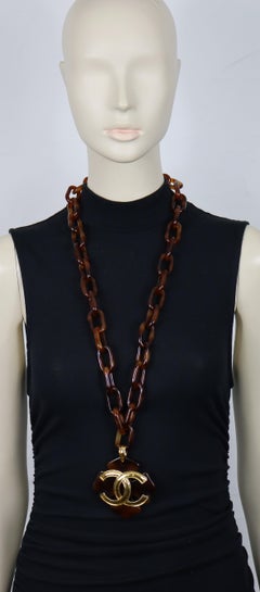 CHANEL Vintage Resin Four Leaf Clover & Gold Tone CC Pendant Necklace, 1994