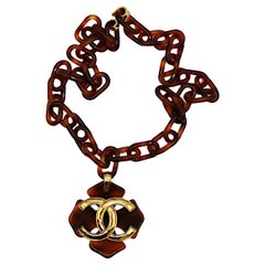 CHANEL Vintage Resin Four Leaf Clover & Gold Tone CC Pendant Necklace, 1994