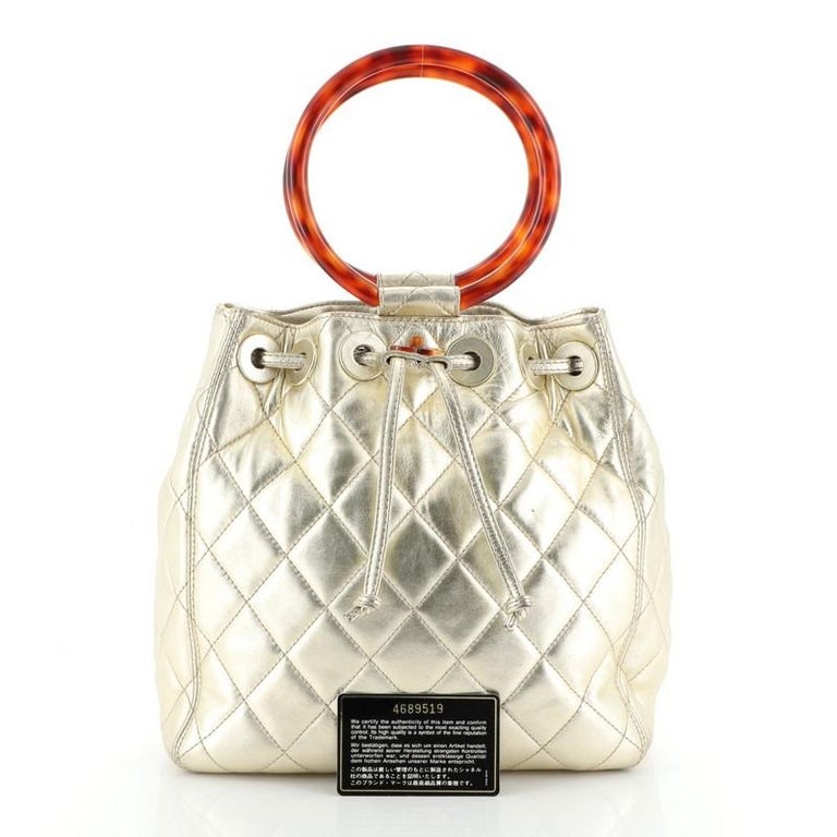 Chanel Vintage Resin Handle Drawstring Bucket Bag Quilted Lambskin Medium