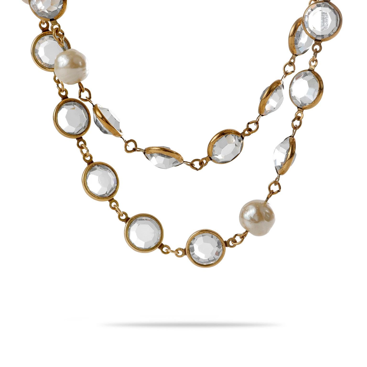 Chanel Vintage Rose Cut Crystal and Pearl Long Necklace In Good Condition For Sale In Palm Beach, FL