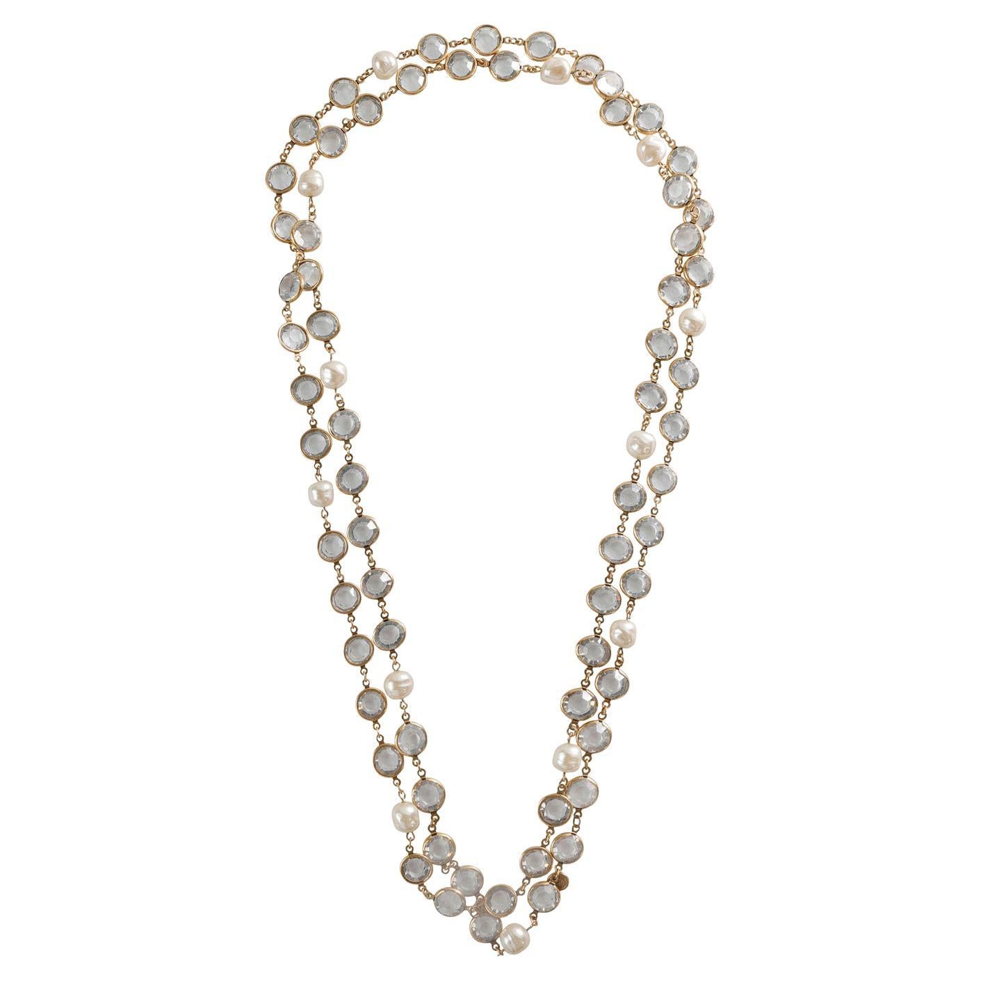 Chanel Vintage Rose Cut Crystal and Pearl Long Necklace For Sale