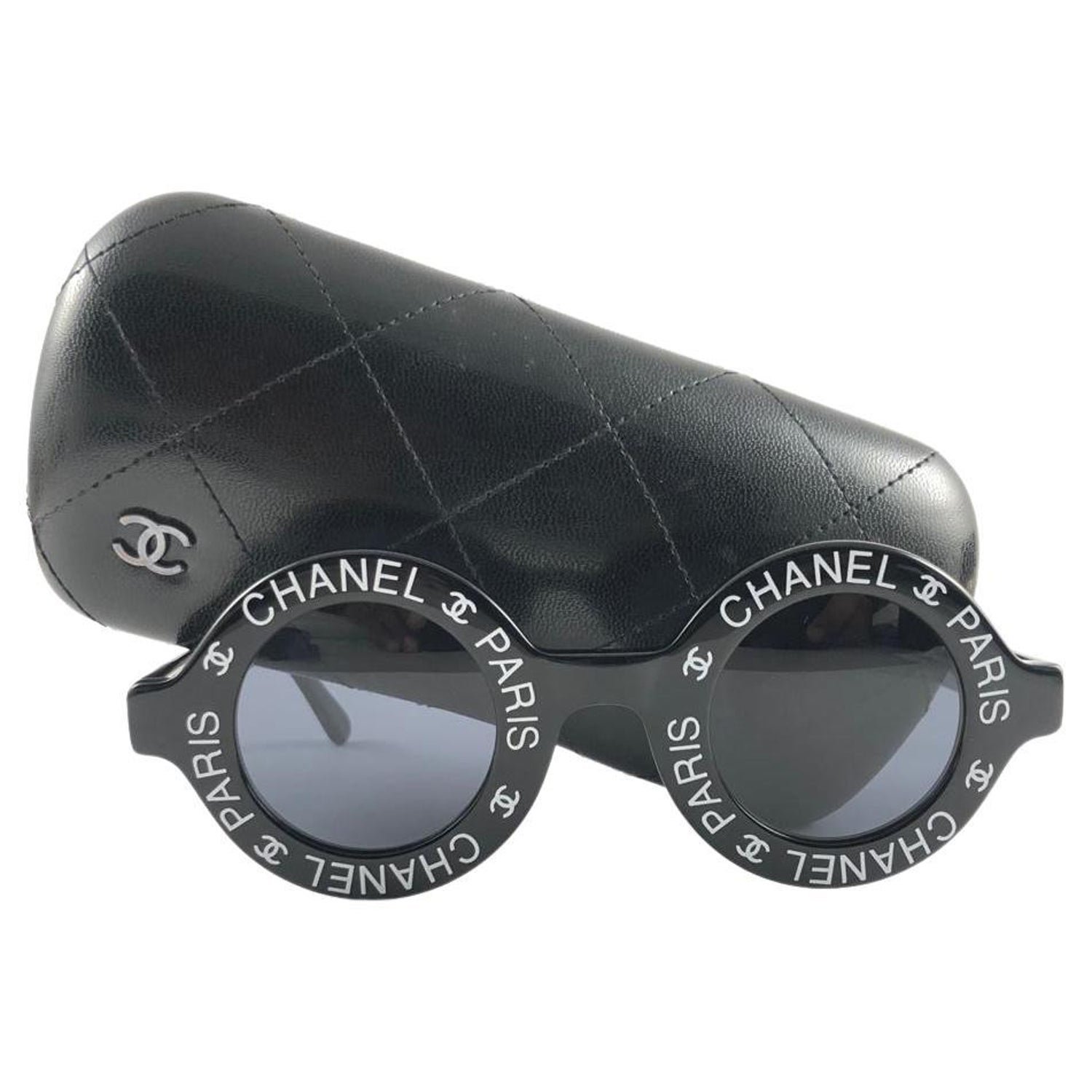 Chanel Vintage Round "Chanel Paris" Made In Italy Black Sunglasses For Sale  at 1stDibs