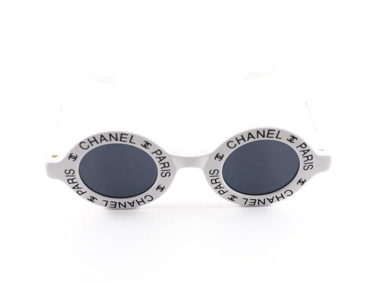 Chanel Vintage Round "Chanel Paris" Made In Italy White Sunglasses For Sale  at 1stDibs