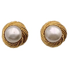 Chanel Vintage Round Clip On Gold Metal Pearl Cabochon Earrings