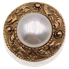 Chanel Vintage Round Gold Metal Pearl Cabochon Brooch