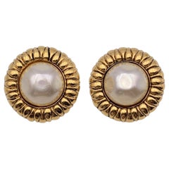 Chanel Vintage Round Gold Metal Pearl Clip On Cabochon Earrings