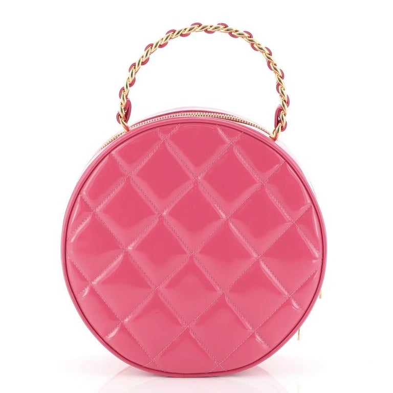 Chanel Vintage Round Top Handle Vanity Case Quilted Patent at 1stDibs