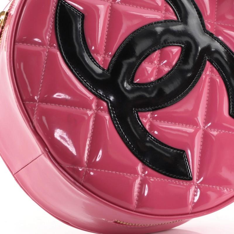 Pink Chanel Vintage Round Top Handle Vanity Case Quilted Patent