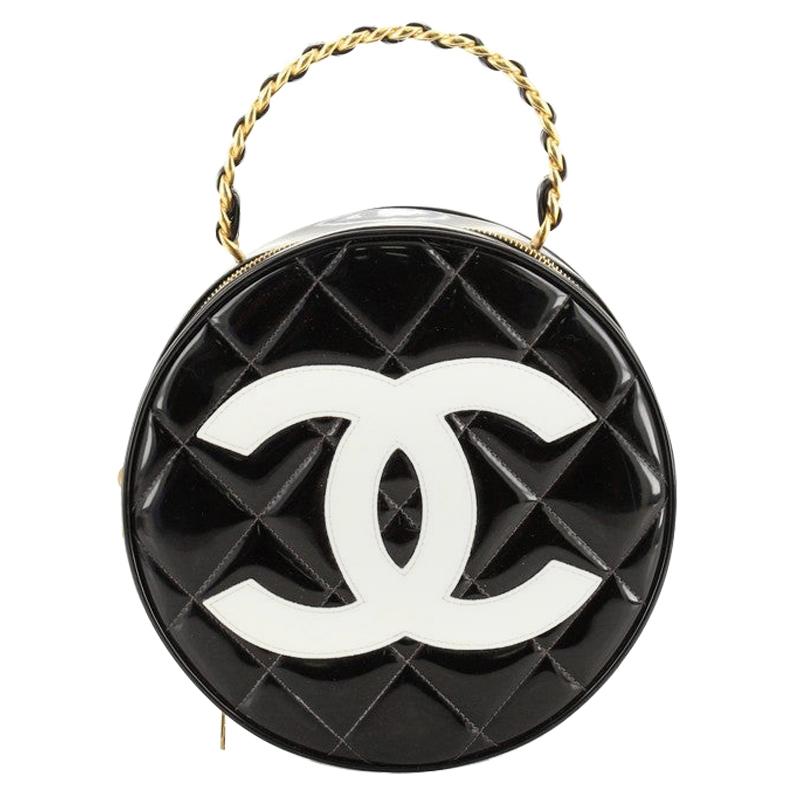 Chanel Vintage Round Top Handle Vanity Case Quilted Patent at 1stDibs