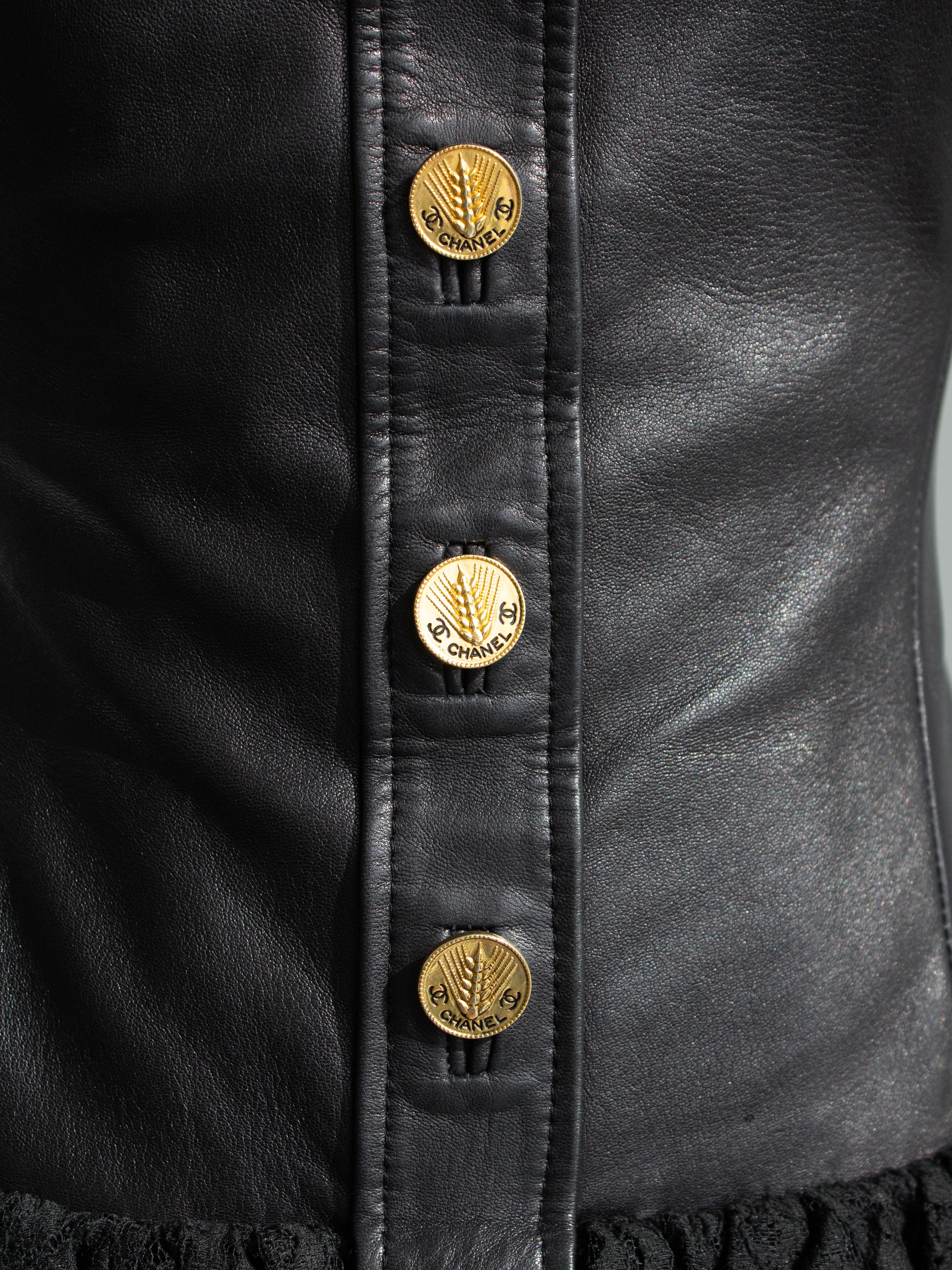 Chanel Vintage S/S 1987 Black Lambskin Leather Lace Gold Wheat Mini Dress For Sale 6