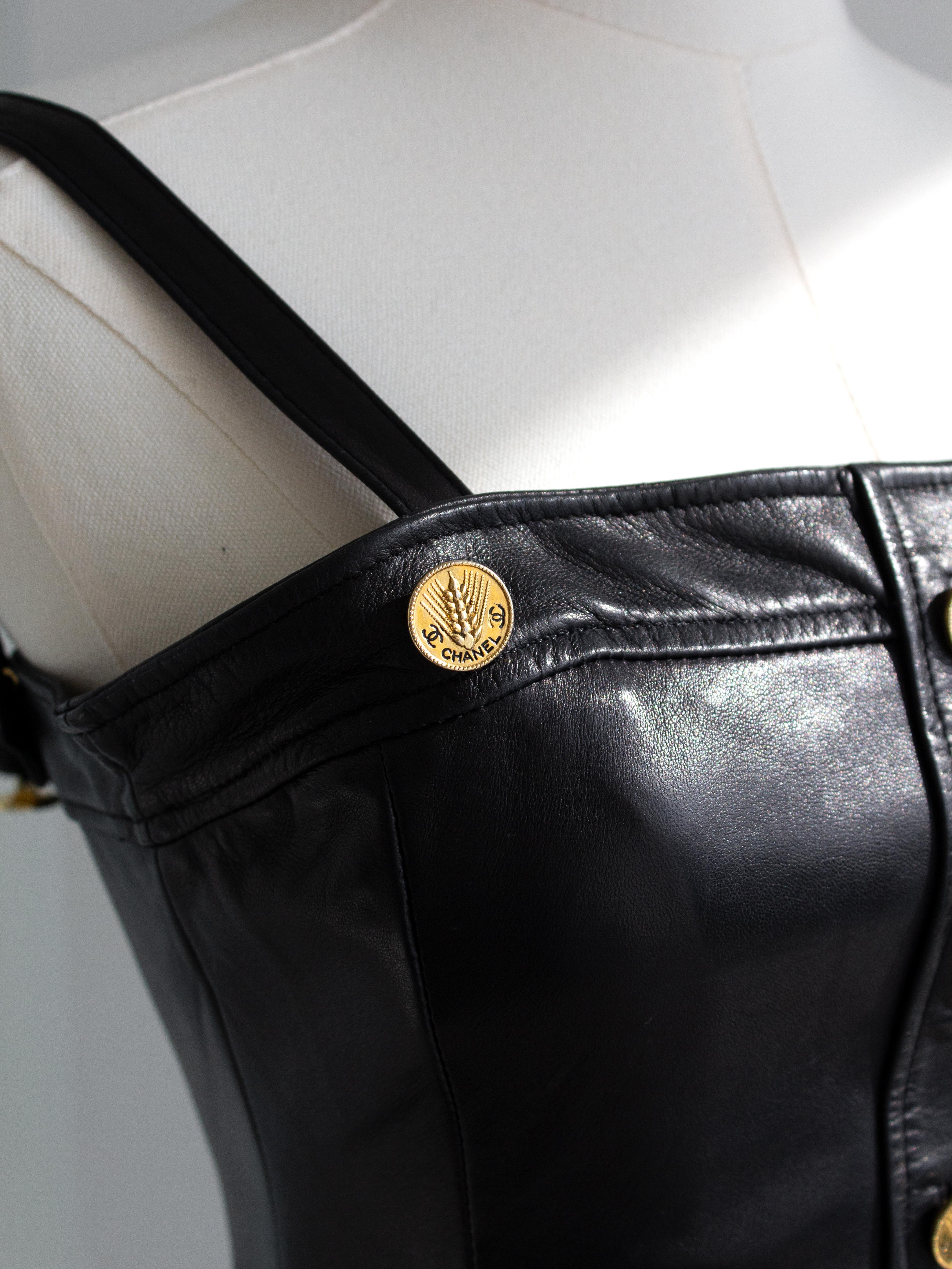 Chanel Vintage S/S 1987 Black Lambskin Leather Lace Gold Wheat Mini Dress For Sale 7