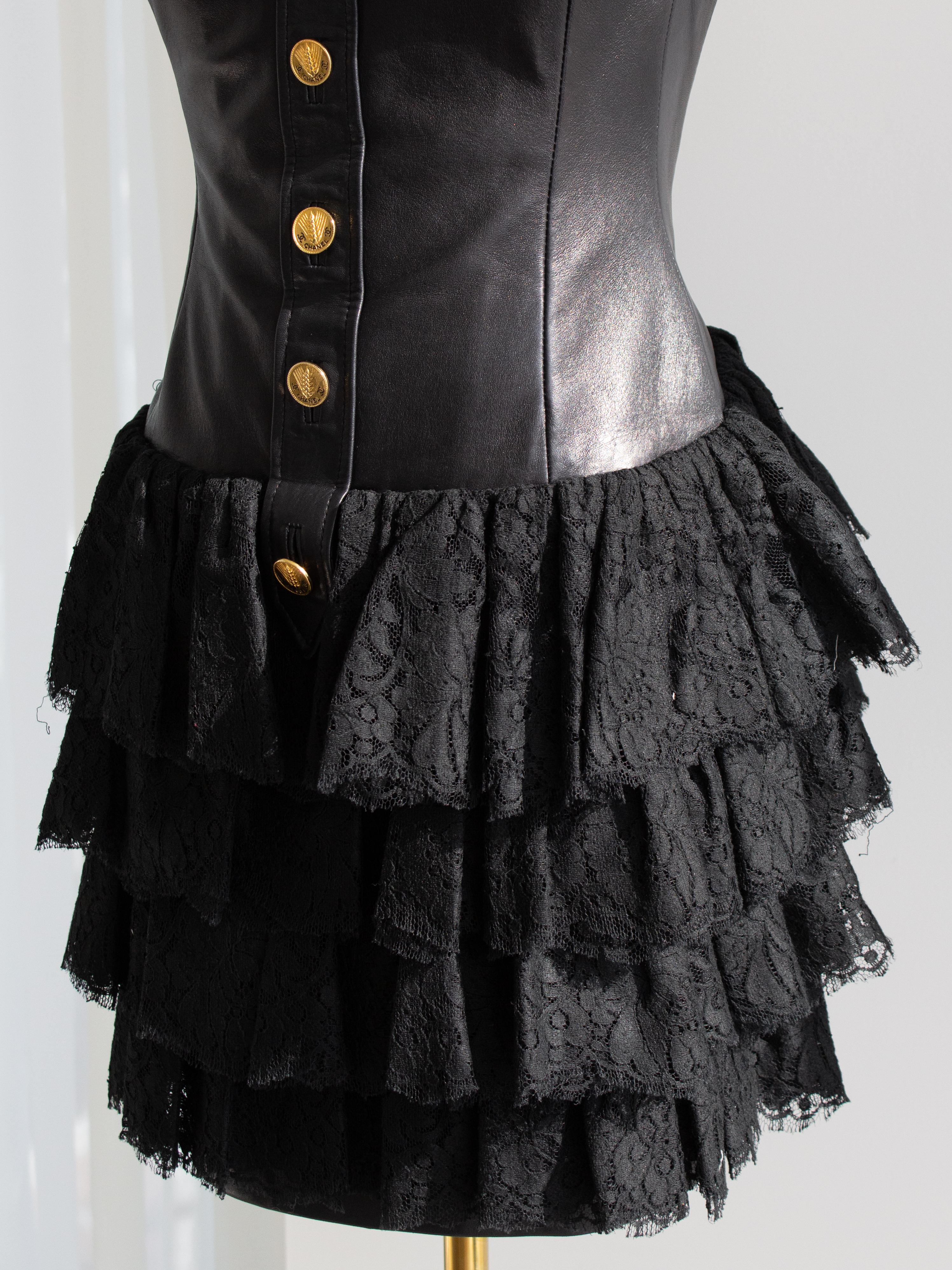 Chanel Vintage S/S 1987 Black Lambskin Leather Lace Gold Wheat Mini Dress For Sale 9