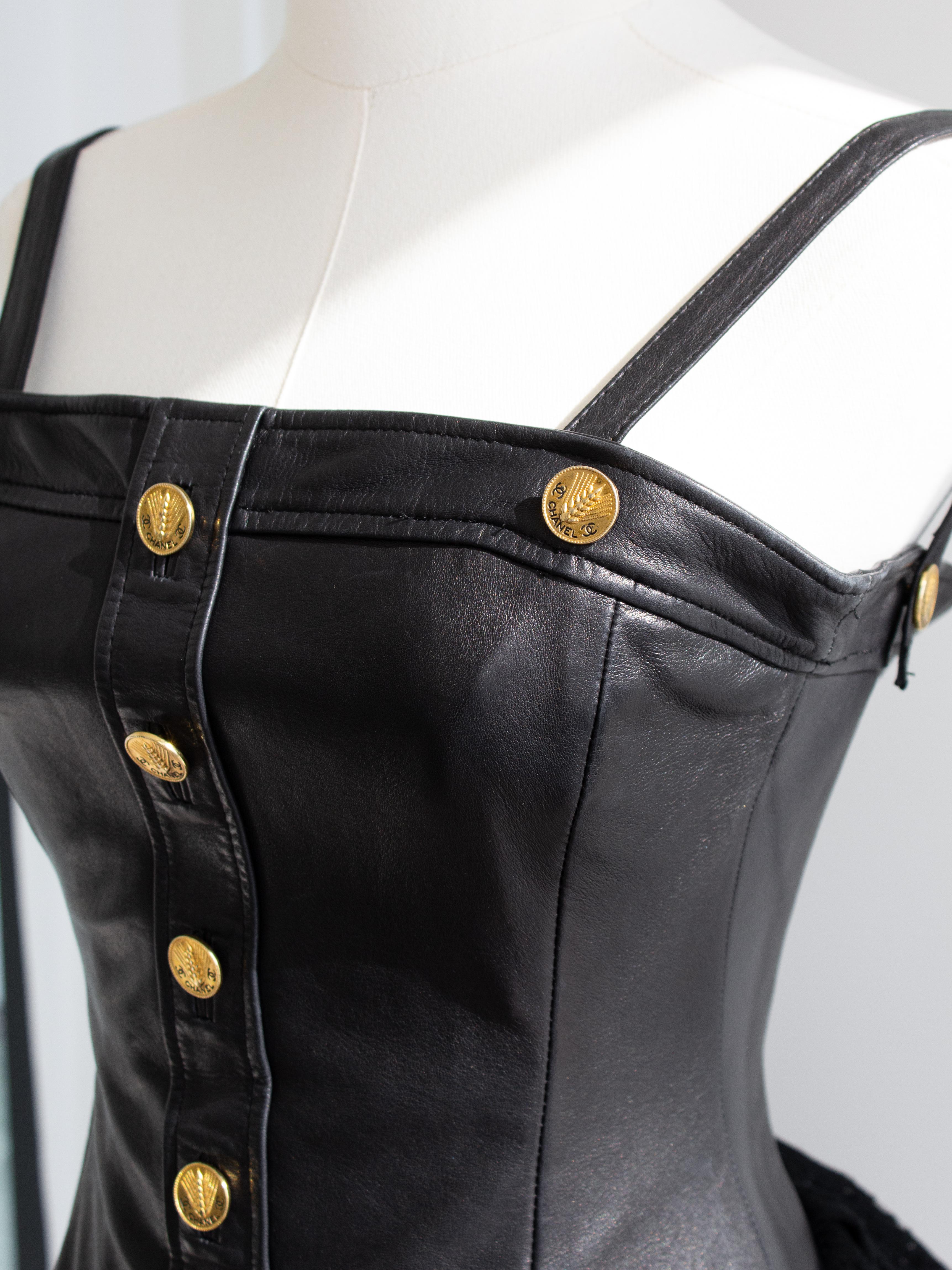 Chanel Vintage S/S 1987 Black Lambskin Leather Lace Gold Wheat Mini Dress For Sale 10