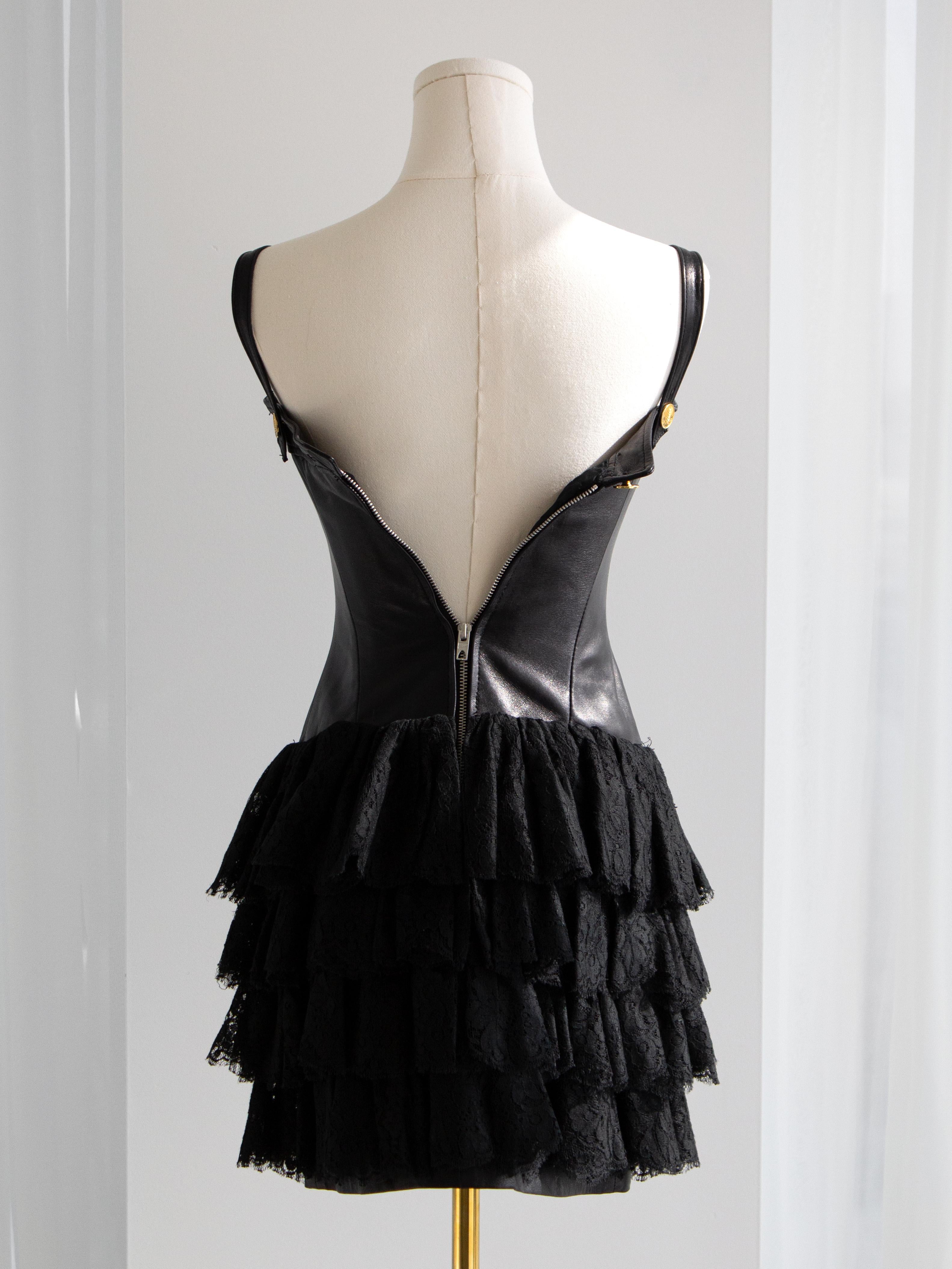 Chanel Vintage S/S 1987 Black Lambskin Leather Lace Gold Wheat Mini Dress For Sale 12
