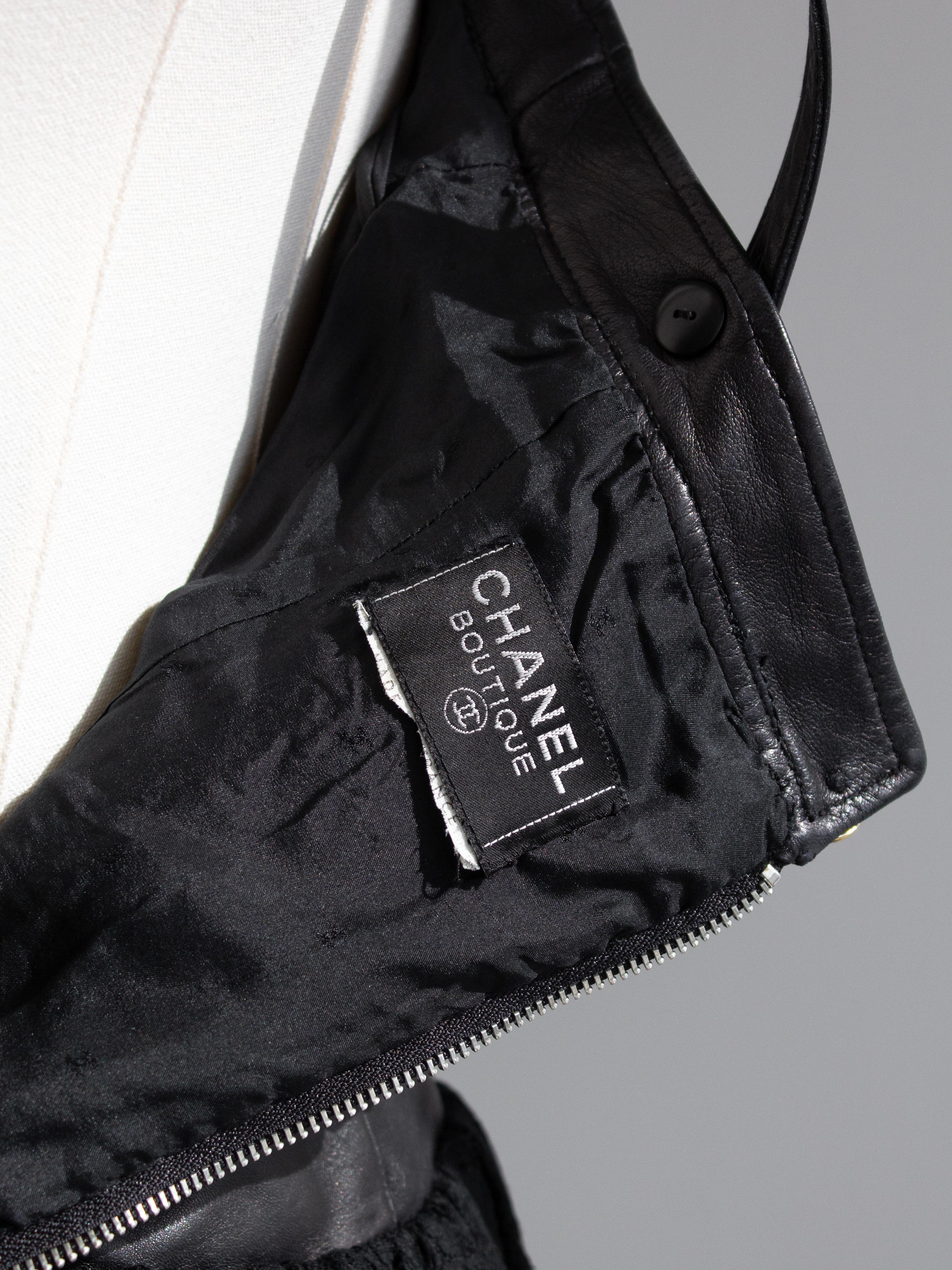 Chanel Vintage S/S 1987 Black Lambskin Leather Lace Gold Wheat Mini Dress For Sale 14