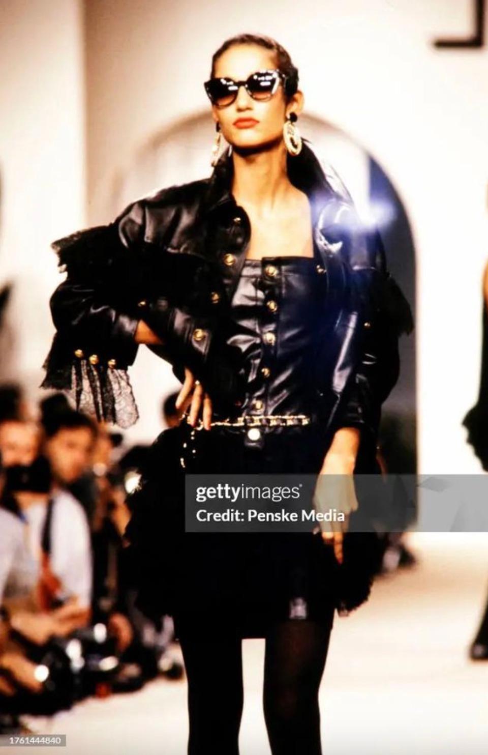 Chanel Vintage S/S 1987 Black Lambskin Leather Lace Gold Wheat Mini Dress In Good Condition For Sale In Jersey City, NJ