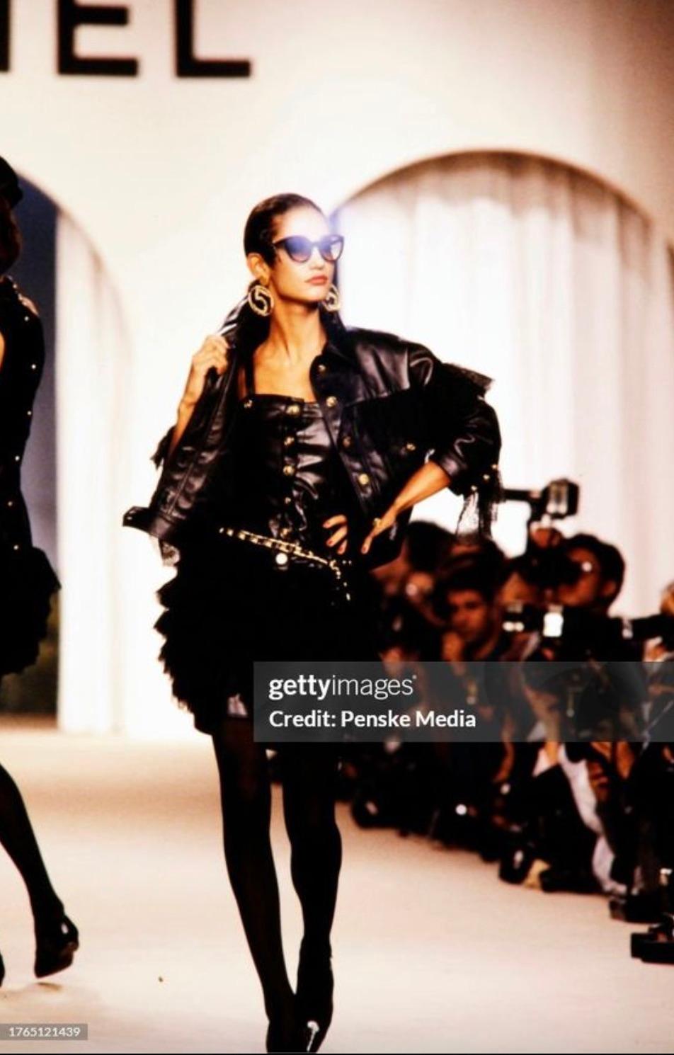 Chanel Vintage S/S 1987 Black Lambskin Leather Lace Gold Wheat Mini Dress For Sale 2
