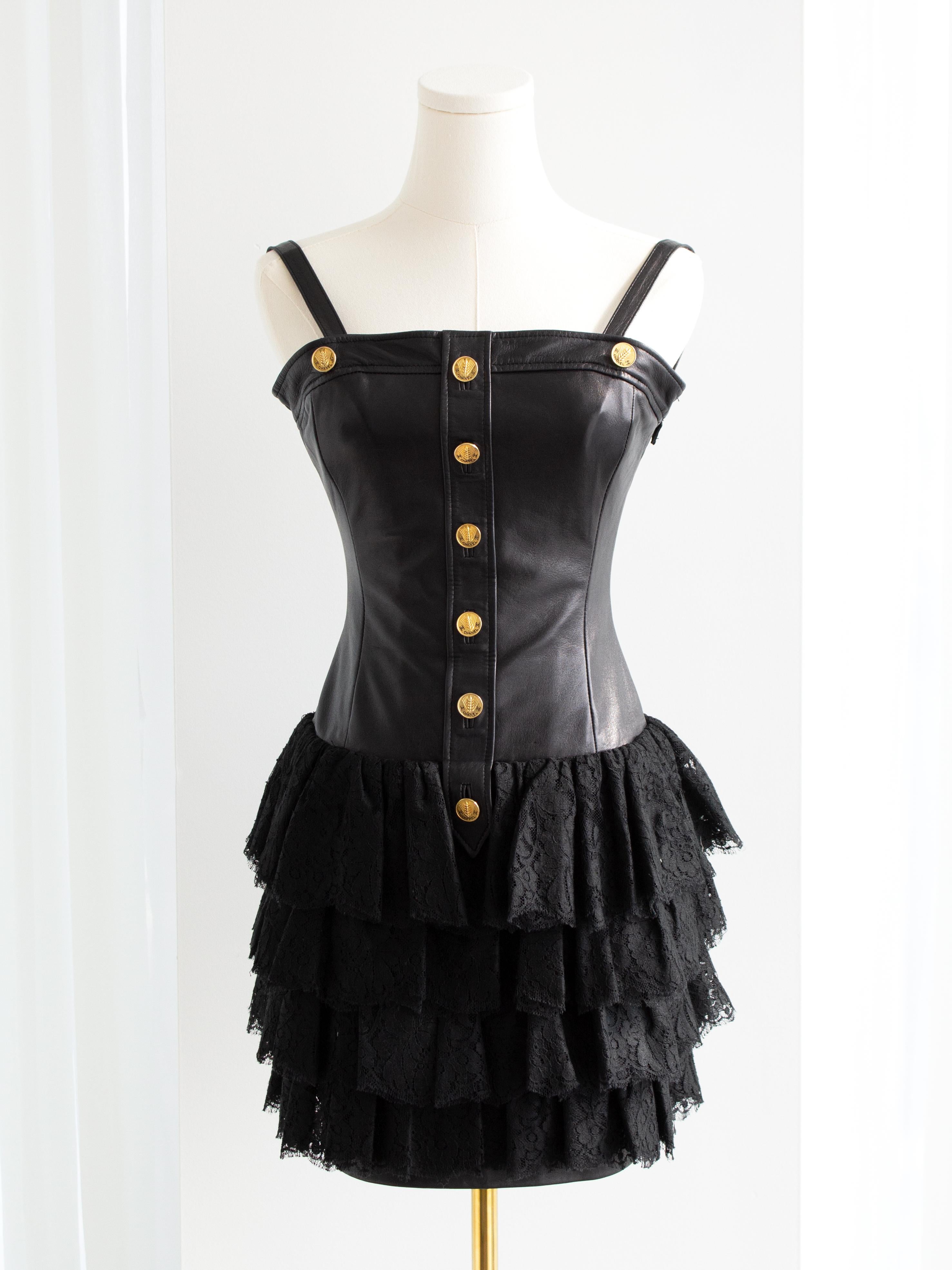 Chanel Vintage S/S 1987 Black Lambskin Leather Lace Gold Wheat Mini Dress For Sale 4