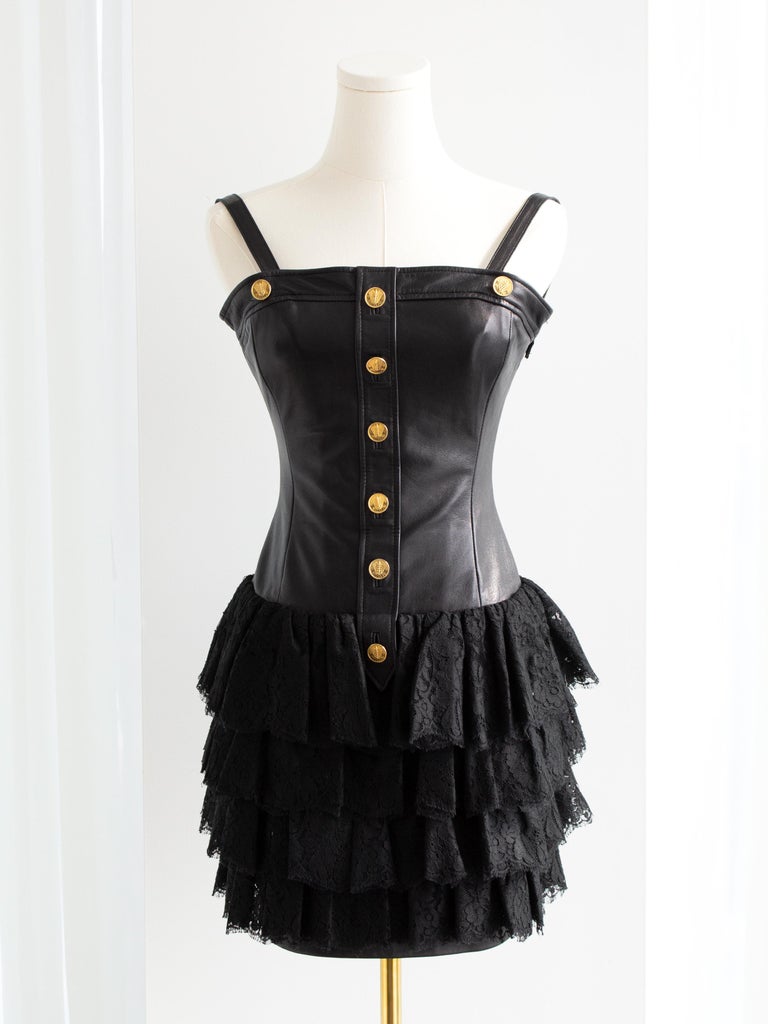 woman in black leather dress Black Vegan Leather Mini Dress