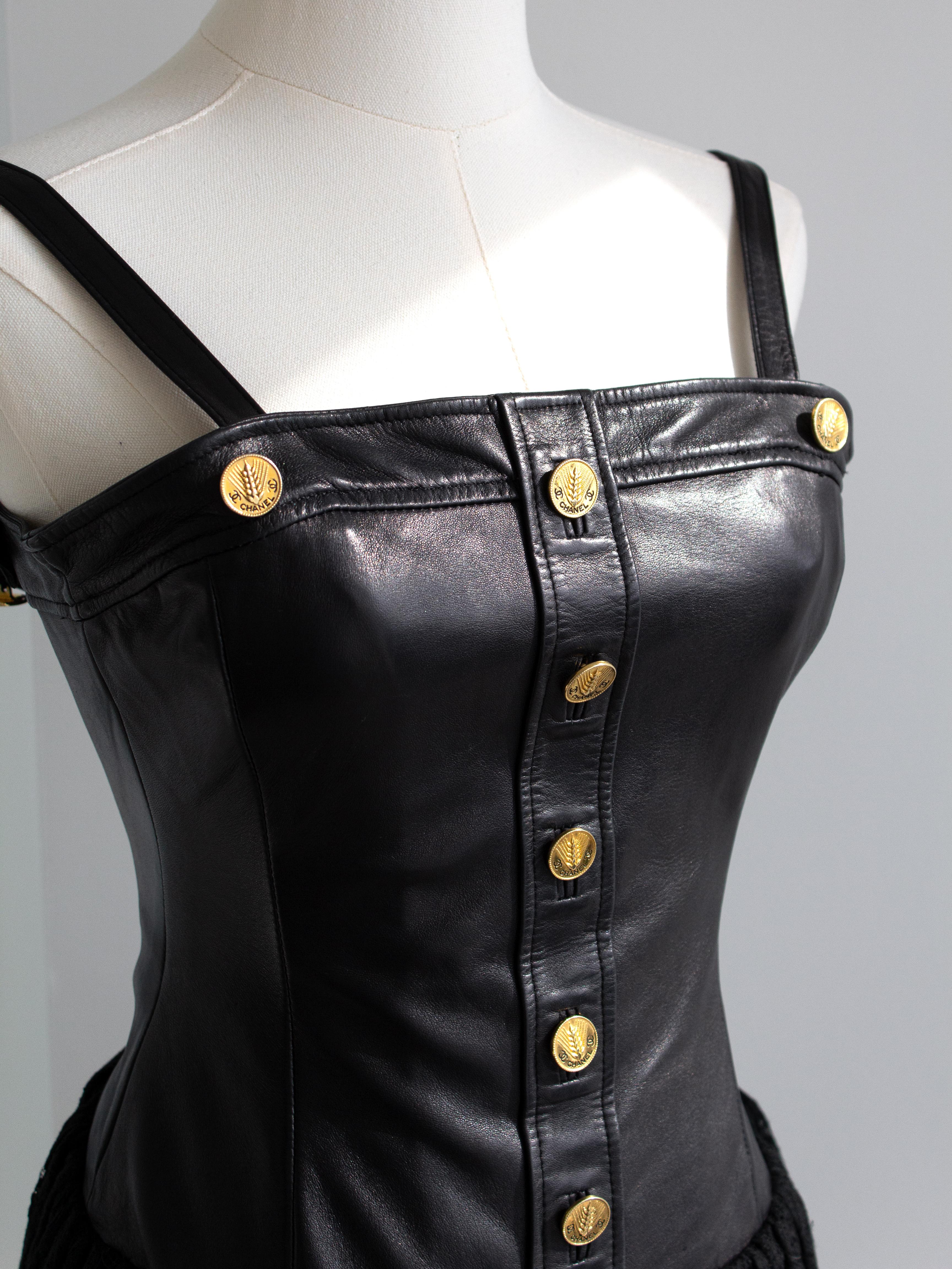 Chanel Vintage S/S 1987 Black Lambskin Leather Lace Gold Wheat Mini Dress For Sale 5