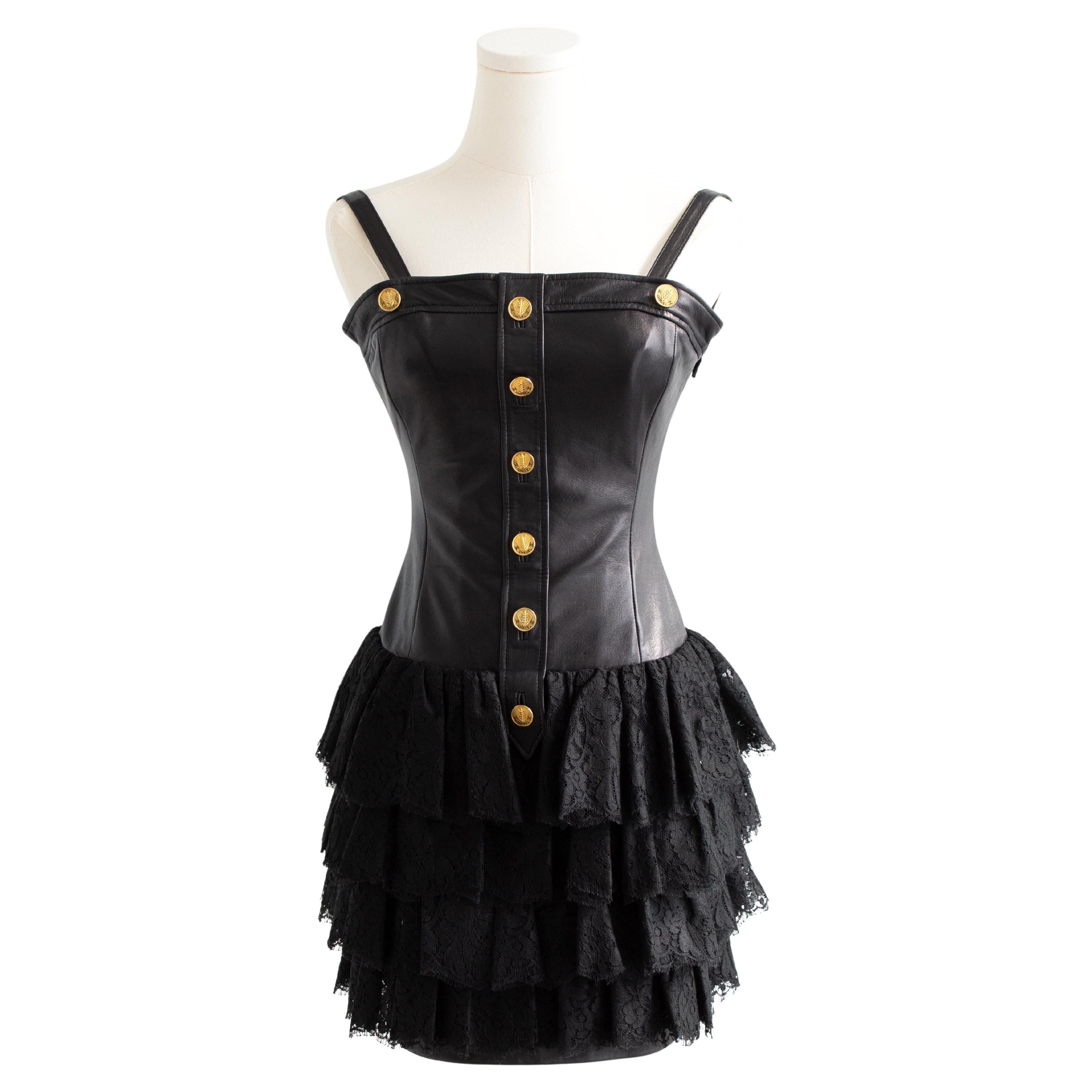 Chanel Vintage S/S 1987 Black Lambskin Leather Lace Gold Wheat Mini Dress For Sale