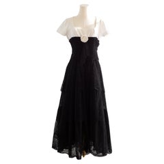 Chanel Vintage S/S 1988 White Black Lace Camellia Bow Dress Gown