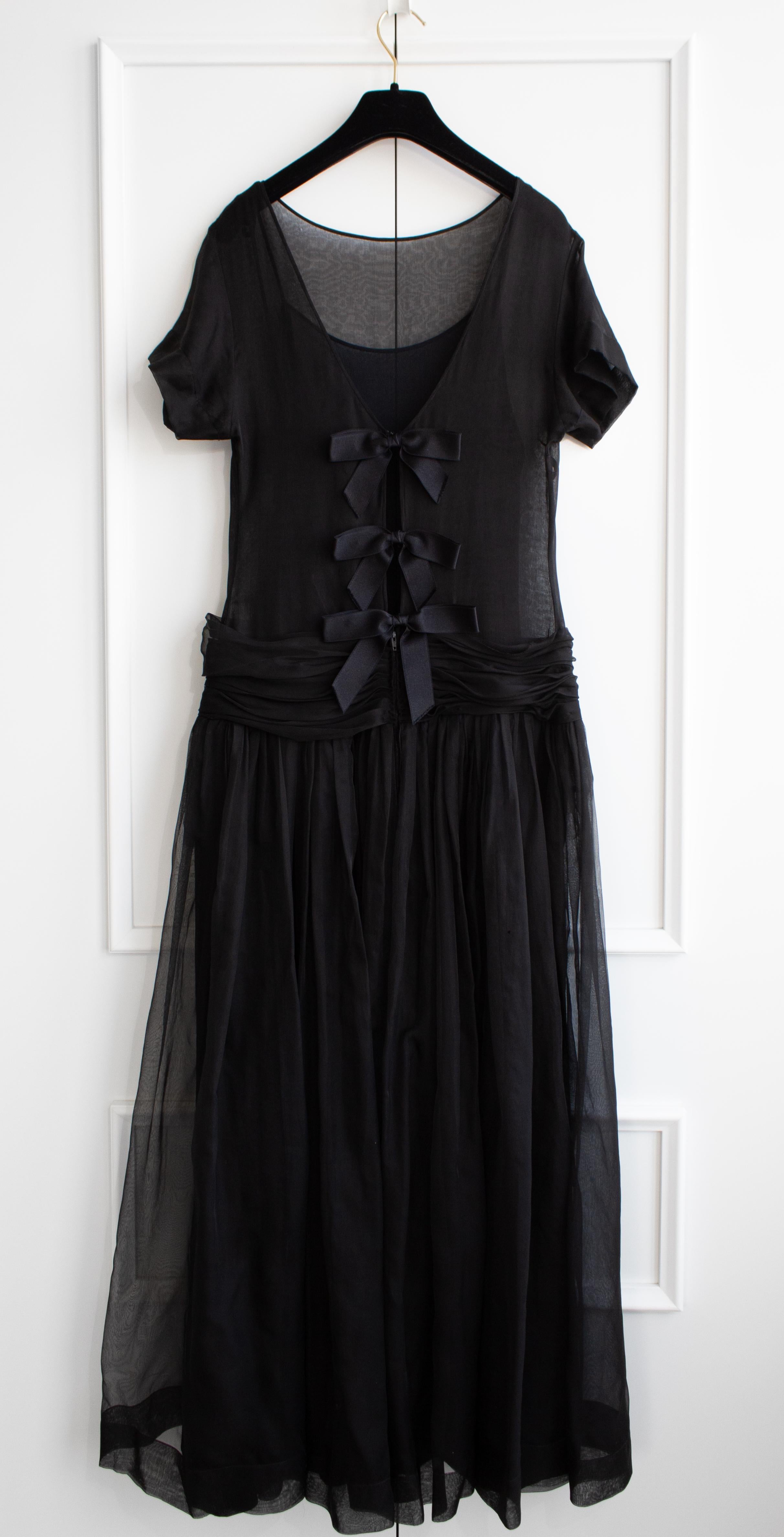 Chanel Vintage S/S 1989 Black Bow Silk Organza Long Gown Evening Dress 1