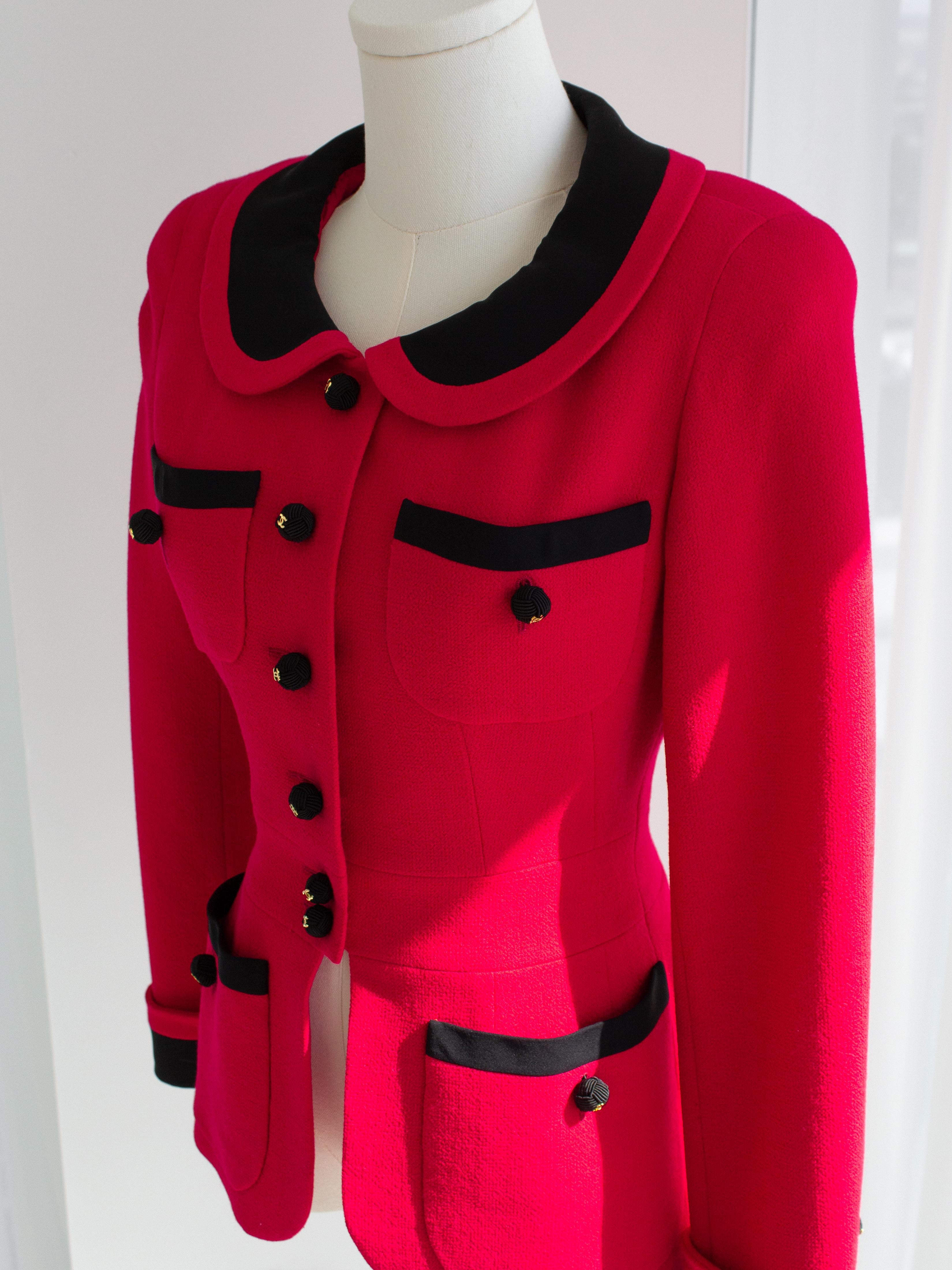 Chanel Vintage S/S 1989 Hot Pink Black CC Peter Pan Collar Tweed Jacket 8