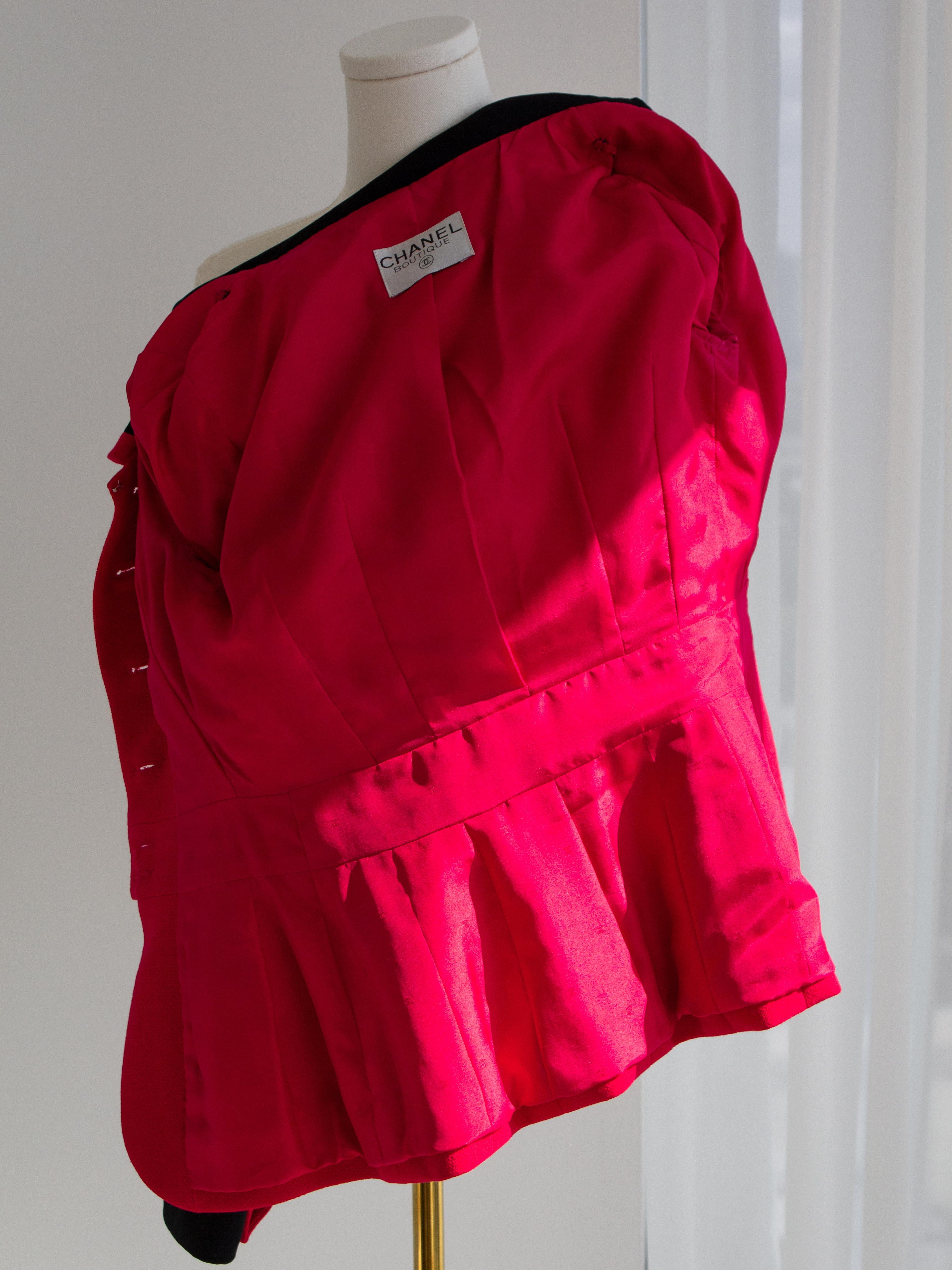 Chanel Vintage S/S 1989 Hot Pink Black CC Peter Pan Collar Tweed Jacket 12
