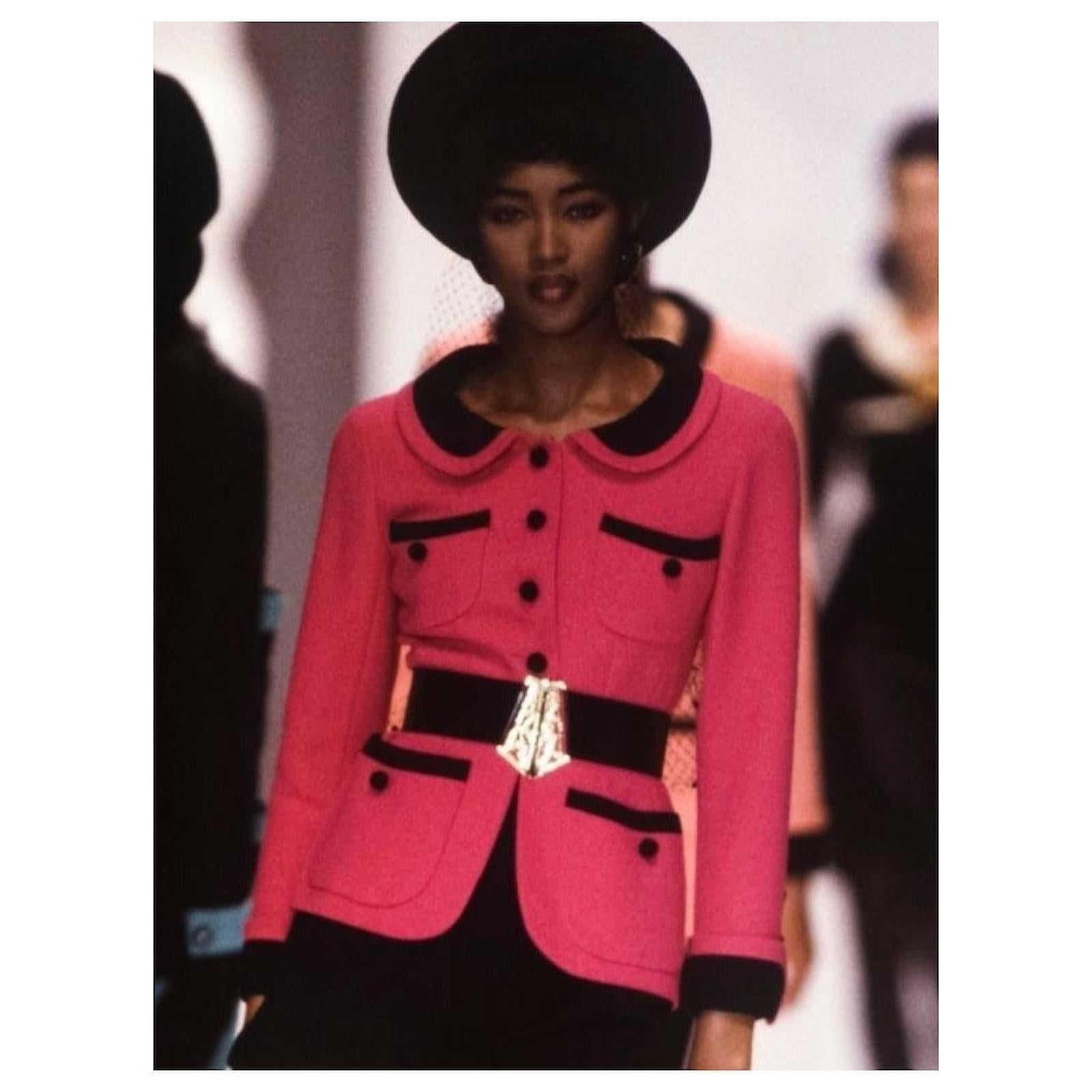 This stunning Chanel jacket is a coveted piece from the Spring/Summer 1989 collection. This jacket gained fame when supermodel Naomi Campbell wore it on the runway, and it has since been a favorite among style icons and celebrities. It has been worn